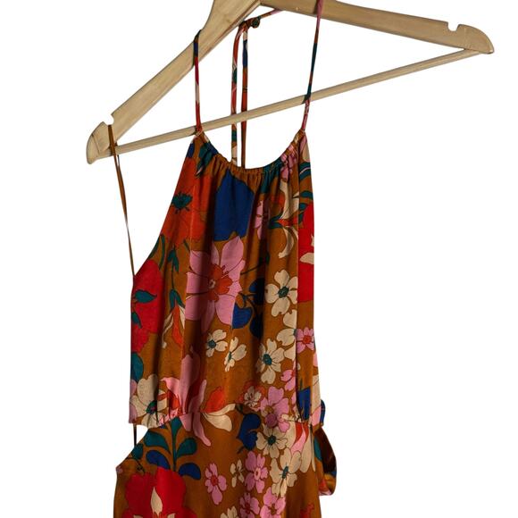 ASTR Talitha Rust Floral Print Halter High Neck Tie Back Cocktail Midi Dress M - Picture 7 of 14